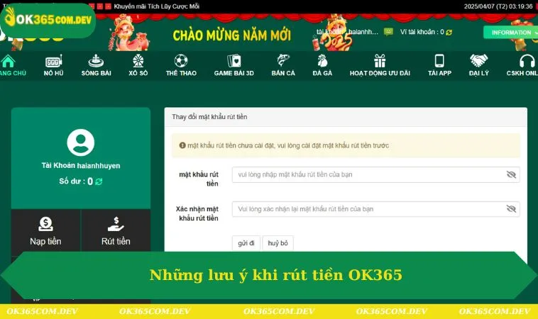 Những lưu ý khi rút tiền OK365