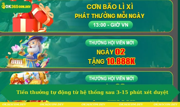 Tiền thưởng tự động từ hệ thống sau 3-15 phút xét duyệt
